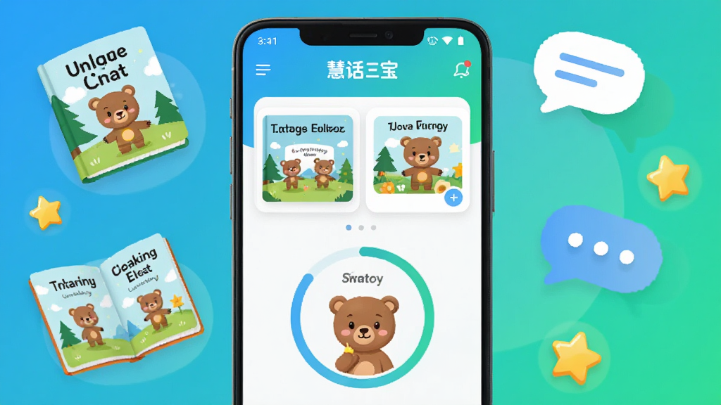 画面中央一部竖屏安卓手机,屏幕内展示慧话宝英语学习应用的主界面,界面包含绘本封面卡片、跟读评分环形进度条与卡通小熊陪练形象,手机周围环绕悬浮的英文绘本、对话气泡与星星奖励图标,整体采用明亮清新的蓝绿渐变配色,扁平化插画风格,细节干净利落,构图居中留白充足,画面无多余装饰元素,高清画质,适合软件下载站展示