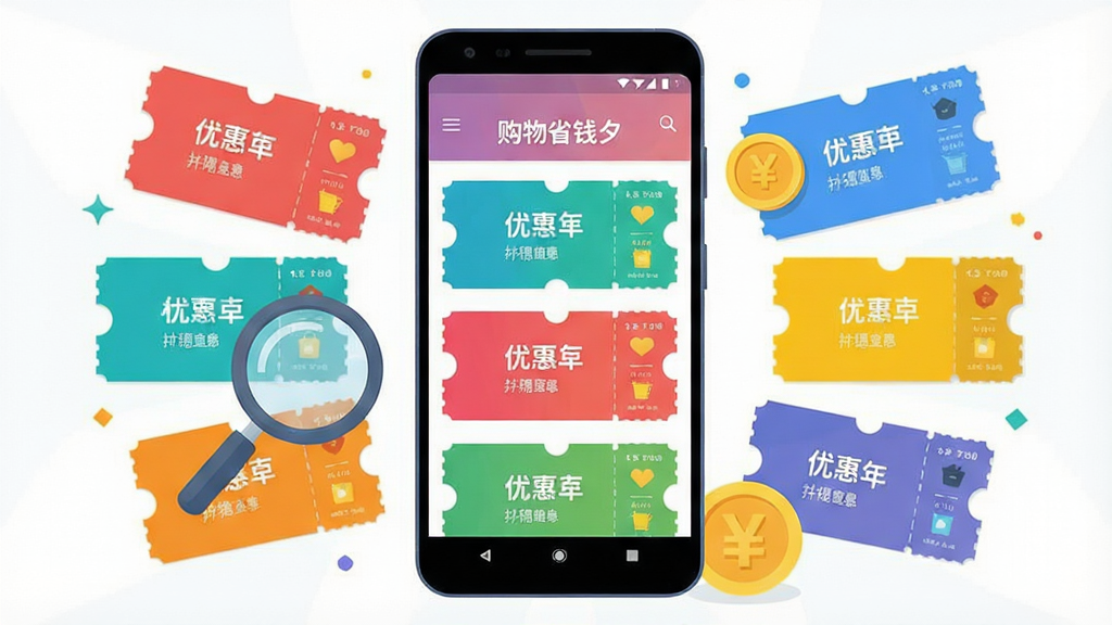 一张表现优惠信息聚合概念的AI生图,画面主体是一部安卓手机,屏幕内呈现“购物省钱夕”应用的优惠聚合列表界面,多个彩色优惠券卡片整齐排列,旁边有放大镜和金币元素,整体采用明亮清爽的扁平插画风格,布局为手机居中、卡片环绕,细节简洁,画质高清,干净无杂乱元素