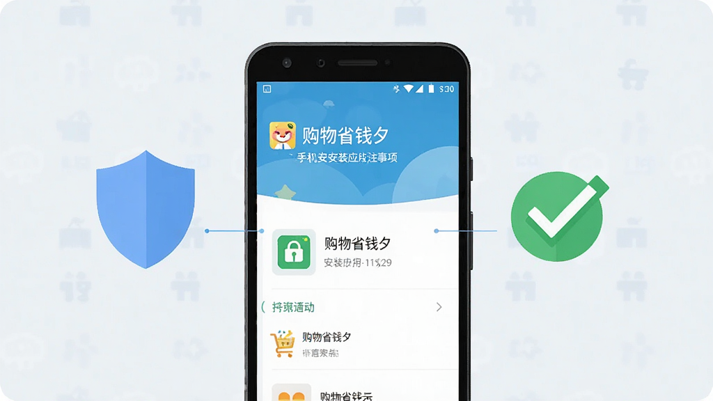 一张表现安卓手机安装应用注意事项的示意图,画面为一部手机屏幕显示“购物省钱夕”安装界面,旁边有盾牌图标和勾选标记,背景为浅色,整体采用简洁的信息图风格,布局清晰,细节干净,画质高清,无多余元素