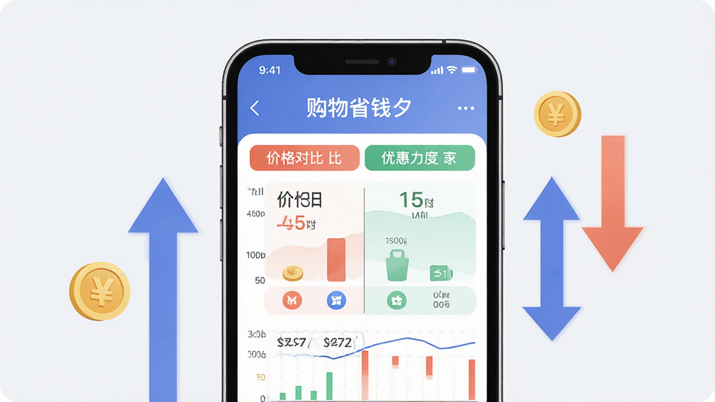 一张表现购物决策参考功能的AI生图,画面中心为一部手机,屏幕显示“购物省钱夕”应用中的价格对比与优惠力度图表,手机两侧有上升下降的箭头和金币图标,背景为浅灰白色,整体采用简约商务插画风格,布局规整,细节清晰,画质干净,无多余元素
