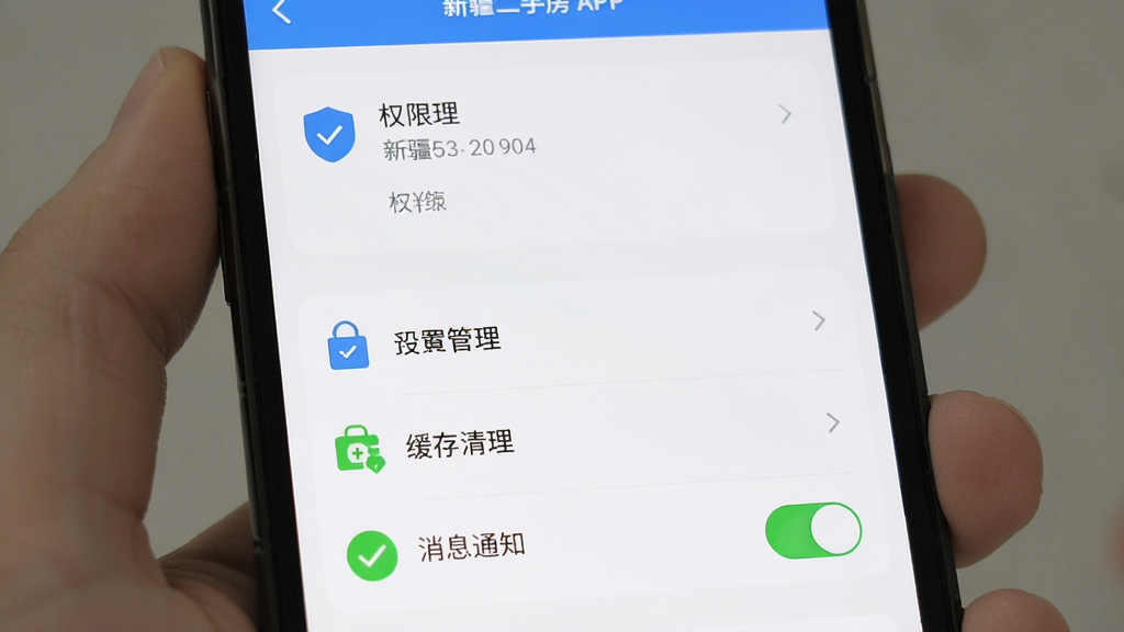 手机屏幕展示新疆二手房APP设置页面,包含权限管理、缓存清理、消息通知开关等选项,界面布局规整,图标简洁,整体风格清爽,画质干净