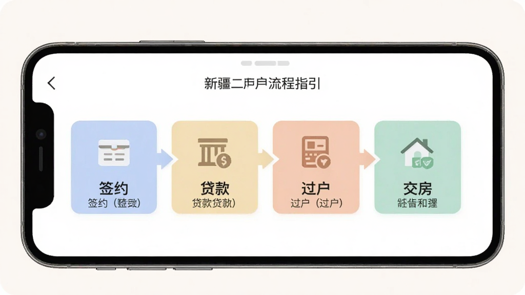 手机界面展示新疆二手房APP流程指引页面,以步骤条形式呈现签约、贷款、过户、交房四个阶段,每个步骤配有图标与简短文字说明,整体风格扁平化,色调柔和,布局清晰有序