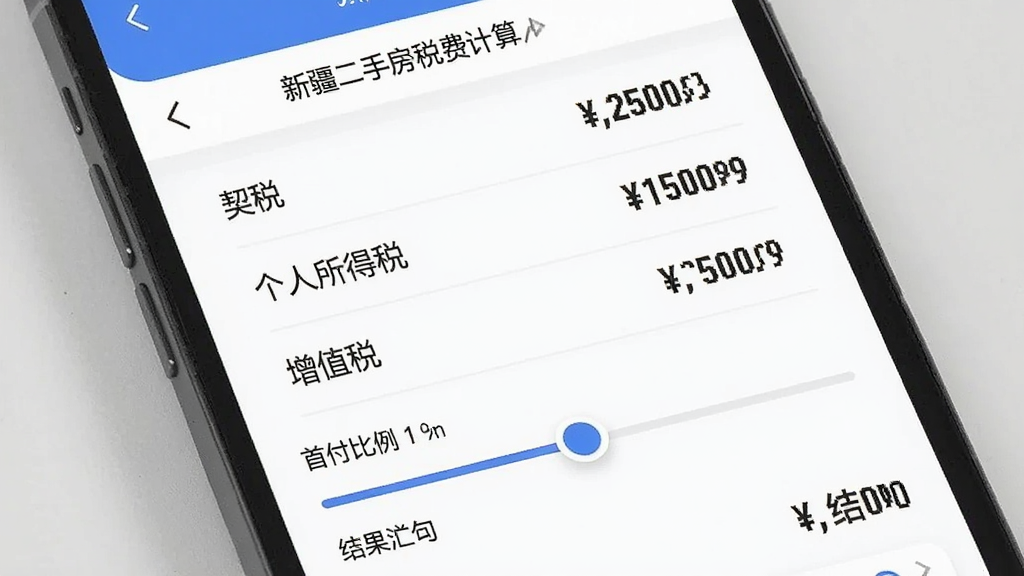 手机屏幕显示新疆二手房APP税费计算页面,表格形式列出契税、个人所得税、增值税等条目及对应金额,下方有首付比例滑块与结果汇总,界面排版整齐,数字清晰醒目,风格简洁专业