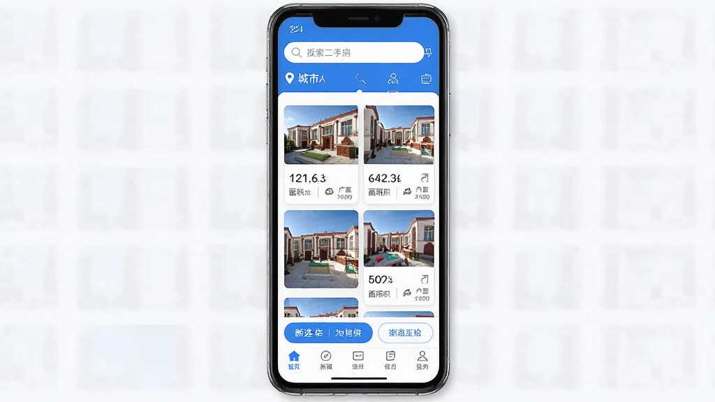 一张手机屏幕展示新疆二手房APP首页界面,页面顶部有搜索栏和城市定位,中部为房源卡片列表,每张卡片包含房屋实景照片、价格、面积、户型信息,底部有筛选按钮和导航栏,整体布局清晰,风格简洁现代,蓝白色调为主,画质干净明亮,无多余元素