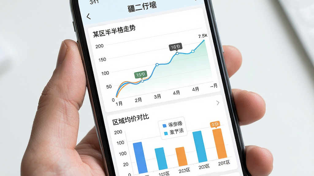 手机屏幕显示新疆二手房APP行情页面,折线图展示某小区近半年价格走势,下方有区域均价对比柱状图,图表配色清晰,数据标签可读,界面干净整洁