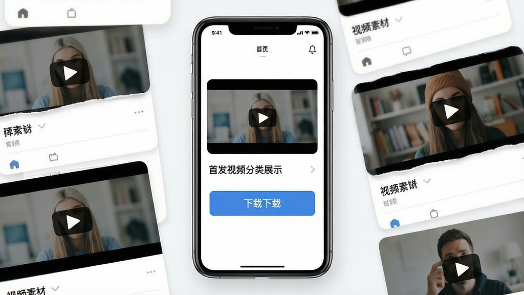 首发应用界面展示高清视频素材分类浏览与下载按钮,手机屏幕居中,周围环绕视频缩略图卡片,布局简洁,扁平化设计风格,细节清晰,画质干净,无多余元素