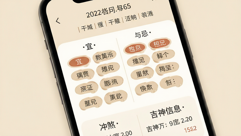 手机屏幕展示黄历详情页,上方为日期与干支标题,中部以左右两栏分别列出宜与忌的条目,条目以圆角标签排列,底部有冲煞与吉神信息,画面采用柔和米色背景,风格素雅,布局上下分层,细节清晰,画质干净,无杂乱元素