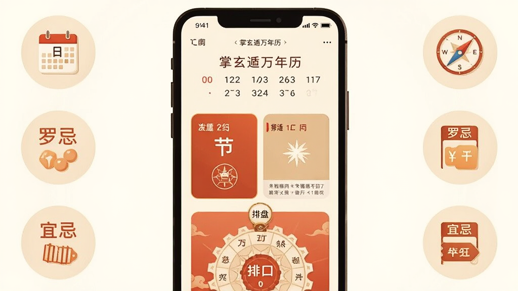 画面中央放置一部智能手机,手机屏幕显示掌玄遁万年历的主界面,包含农历日期、节气卡片与排盘入口,手机周围以浅色圆形图标环绕展示日历、罗盘、宜忌标签等元素,整体采用扁平化插画风格,色调以米白与朱红为主,布局居中对称,细节干净清晰,画质高清,背景纯净无多余装饰