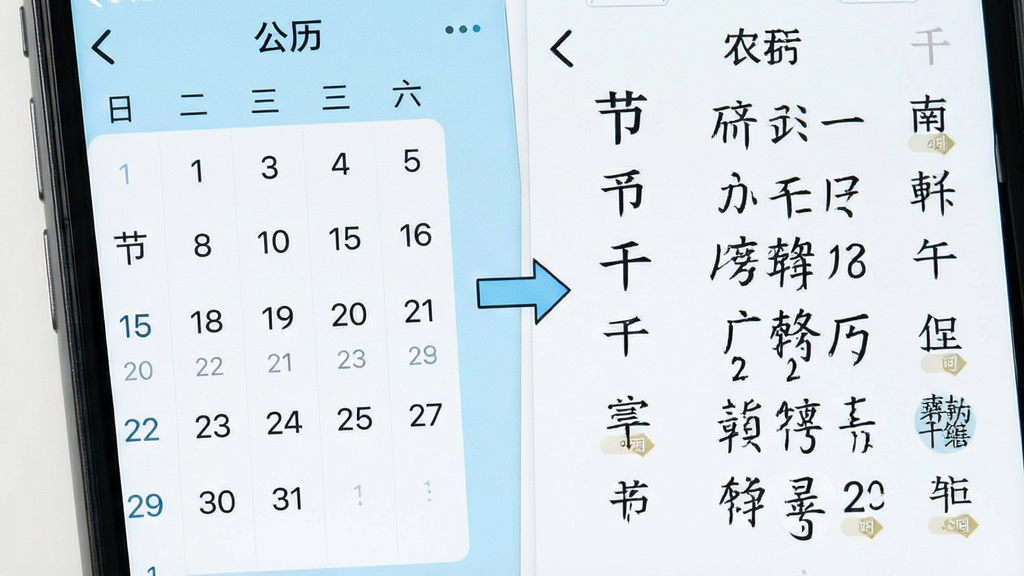 手机界面特写,屏幕左侧显示公历月份网格,右侧同步呈现农历日期与干支信息,中间以箭头连接表示双向转换,画面风格清爽简约,配色以浅蓝与白色为主,布局左右分区明确,细节处可见节气小标签,画质清晰,背景干净