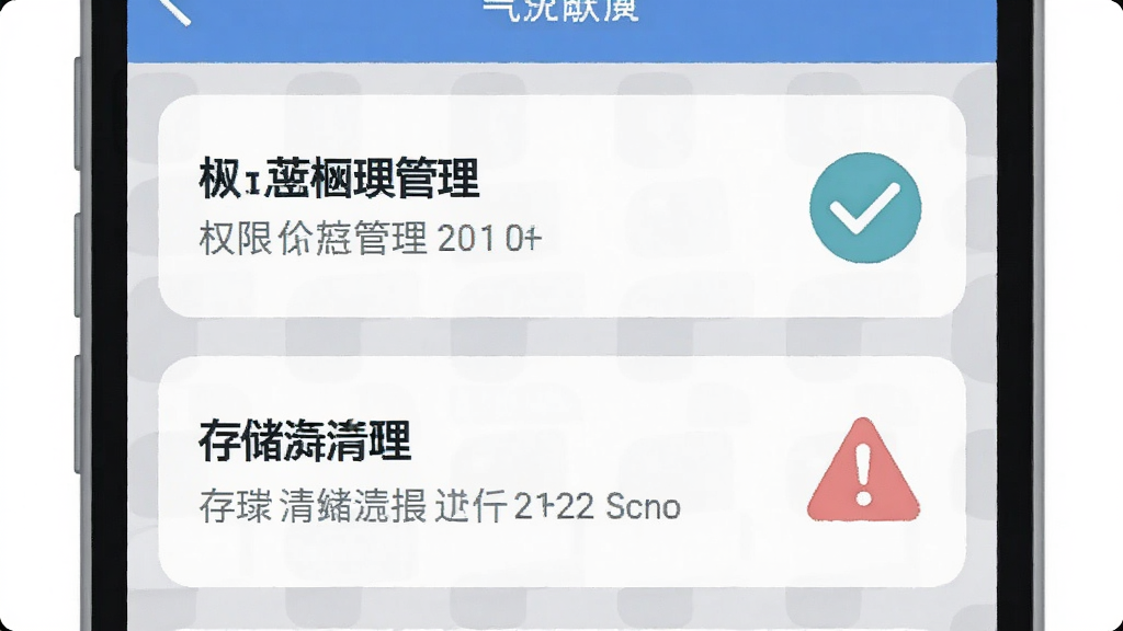 手机设置界面截图风格插画,画面展示权限管理列表与存储清理选项,旁边配有对勾与警示图标,整体采用浅灰与蓝色调,风格简洁商务,布局上下排列,细节清晰,画质干净,背景无杂乱元素