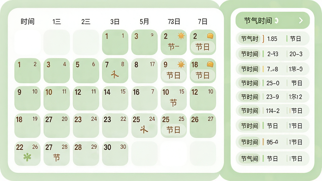日历视图界面,月份网格中部分日期带有节气小图标与节日标记,右侧有节气时间列表,画面采用清新浅绿与白色配色,风格柔和圆角,布局左历右表,细节清晰,画质干净,背景无多余装饰