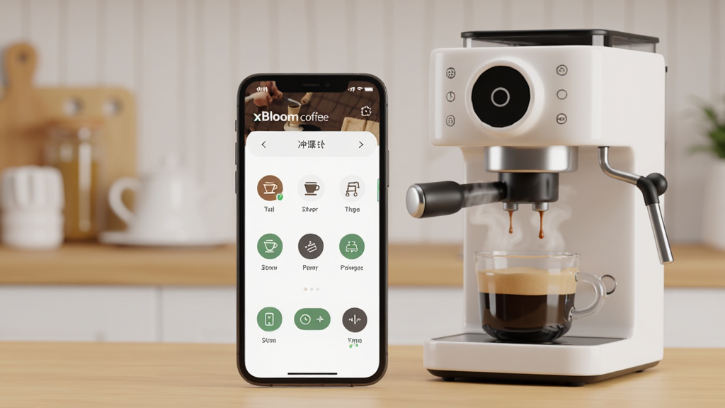一张展示 xBloom coffee 软件界面与智能手冲咖啡机组合场景的图片,主体为手机屏幕显示冲煮参数控制界面,旁边摆放白色智能咖啡机与咖啡杯,布局为手机居中略偏左、咖啡机在右侧,背景为浅木色厨房台面,风格为现代简约产品摄影,细节包括咖啡液滴落、蒸汽升腾、界面图标清晰,画质高清、干净、无多余元素