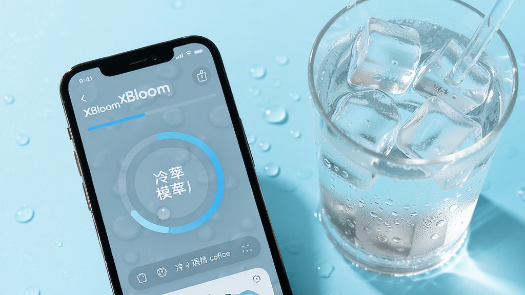 展示 xBloom coffee 冷萃模式界面的图片,主体为手机屏幕显示冷萃进度与冰水杯,布局为手机在左、冰饮杯在右,背景为浅蓝色清凉色调,风格为清新饮品广告风,细节包括冰块、冷凝水珠、进度环,画质高清、干净、无多余元素