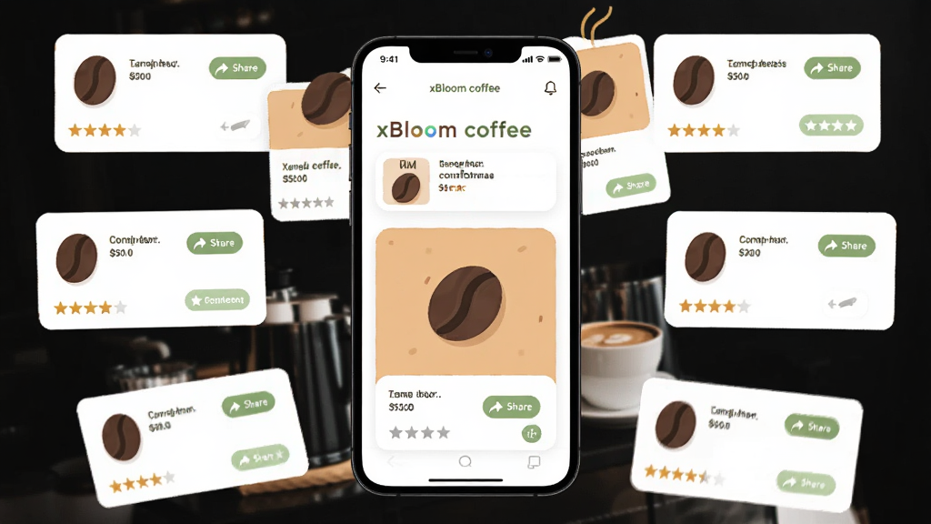 展示 xBloom coffee 配方社区页面的图片,主体为手机界面中排列的配方卡片,布局为手机居中、卡片环绕四周漂浮,风格为扁平化插画风,细节包括咖啡豆图标、分享按钮、星级评分,画质高清、干净、无多余元素