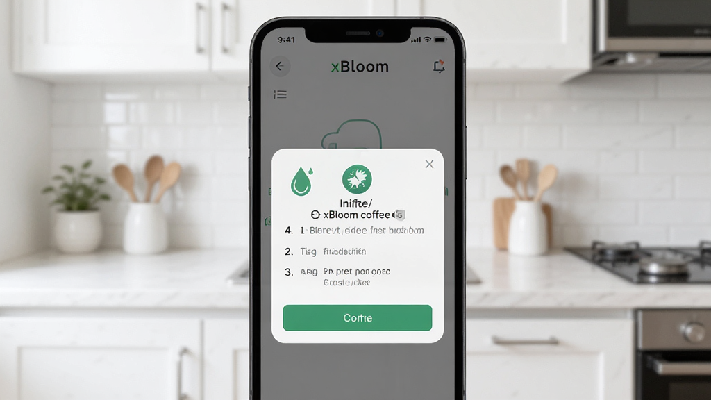 展示 xBloom coffee 设备清洁提醒界面的图片,主体为手机屏幕弹出清洁提示卡片,布局为手机居中,背景为简洁白色厨房环境,风格为生活化产品展示,细节包括清洁图标、步骤序号、确认按钮,画质清晰、干净、无多余元素
