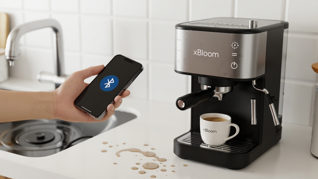 一张展示用户在厨房用手机操作 xBloom coffee 连接咖啡机的场景图,主体为手持手机与咖啡机,布局为人物手部在左、机器在右,背景为明亮厨房,风格为生活纪实摄影,细节包括蓝牙连接图标、咖啡杯、台面水渍,画质高清、干净、无多余元素