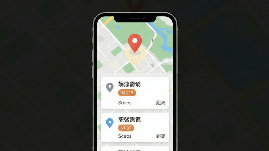 手机屏幕展示地图定位与招聘列表界面,主体为一部竖屏智能手机,布局居中,排版上方为地图定位图标,下方为岗位卡片列表,风格为清爽扁平化UI设计,细节包含定位标记、职位名称、薪资标签、距离显示,画质高清,干净,无多余元素