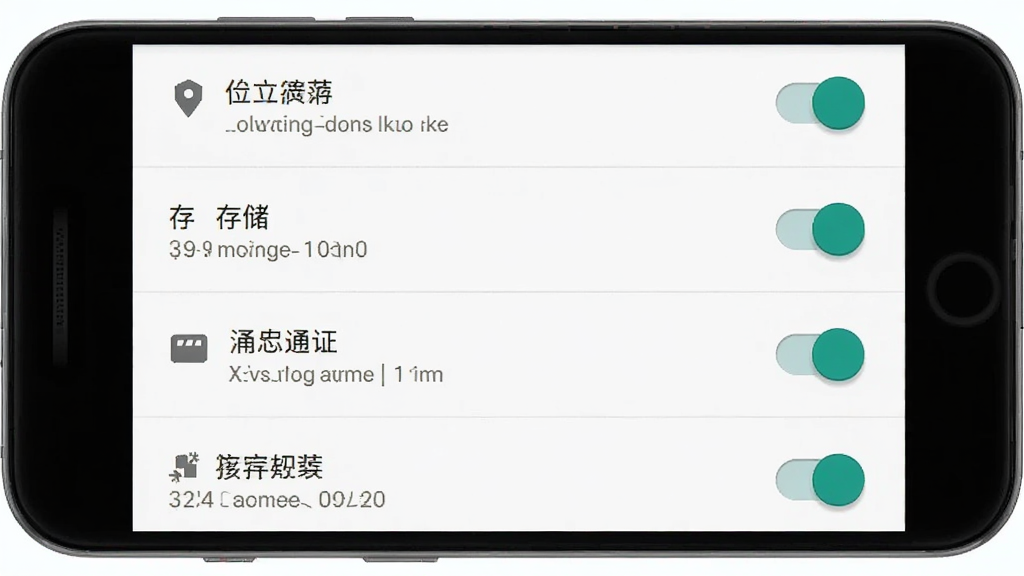 手机应用权限设置界面示意图,主体为安卓系统设置页面,布局为权限开关列表,排版清晰,风格为系统原生UI风格,细节包含定位、存储、通知等权限选项,画质清晰,干净,无多余元素