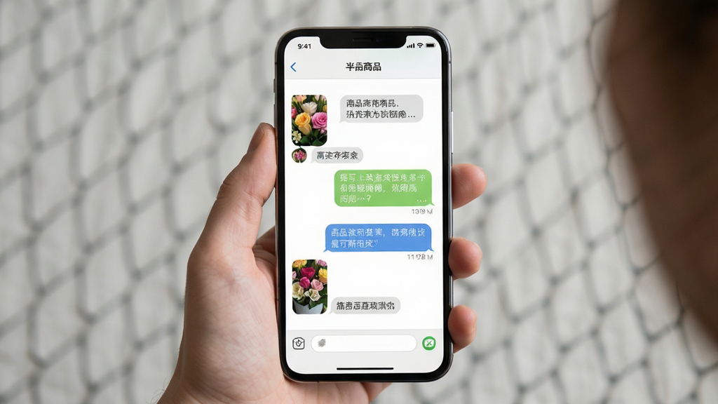 手机聊天界面与鲜花商品卡片结合,主体为手持手机展示对话窗口,布局上下分栏,排版清爽,风格生活化,细节包含鲜花缩略图与消息气泡,画质高清干净无多余元素