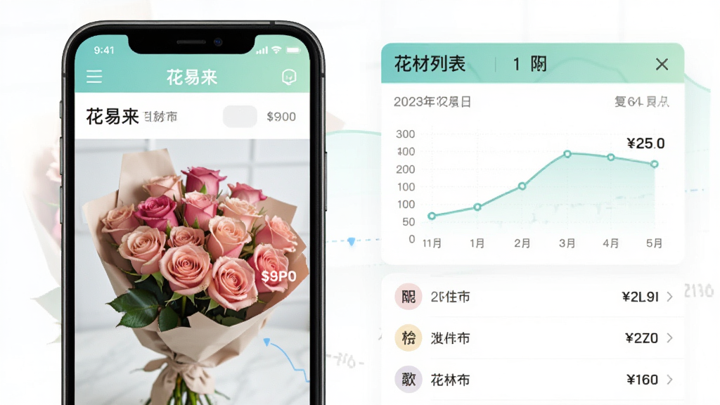 手机应用界面展示鲜花价格曲线图与花材列表,主体为玫瑰花束与数据图表并列,布局左图右表,排版整齐,风格商务清新,细节包含日期标签与价格数字,画质清晰干净无多余元素,画面中有