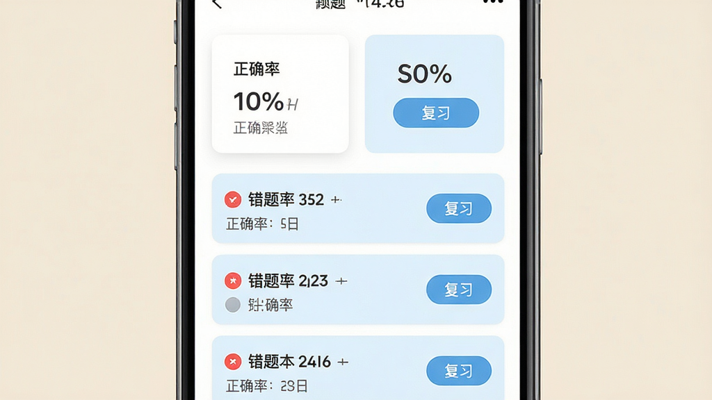 房地产经纪人刷题库错题本功能展示,主体为手机屏幕中的错题列表页面,布局为顶部统计卡片加下方题目条目纵向排列,排版清爽,风格为移动端学习工具界面,细节包含红色错题标记、正确率数字、复习按钮与浅蓝底色,画质干净,纯色背景,无多余装饰