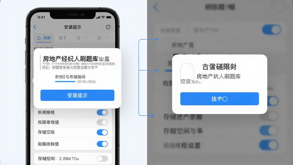 房地产经纪人刷题库安装与权限设置示意图,主体为手机设置界面与安装弹窗的组合画面,布局为左右分栏展示安装提示与权限开关,排版清晰,风格为数码教程类示意风格,细节包含蓝色高亮按钮、权限开关列表与存储空间提示条,画质干净,浅色背景,无多余元素