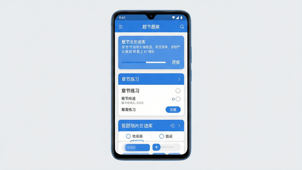 房地产经纪人刷题库手机应用界面展示,主体是一部竖屏安卓手机居中放置,屏幕内呈现题库首页、章节练习列表与答题界面三层卡片式布局,排版整齐清晰,风格为清爽教育类APP视觉,细节包含蓝色主色调、题目卡片、进度条与选项按钮,画质干净锐利,纯色浅灰背景,无多余装饰元素