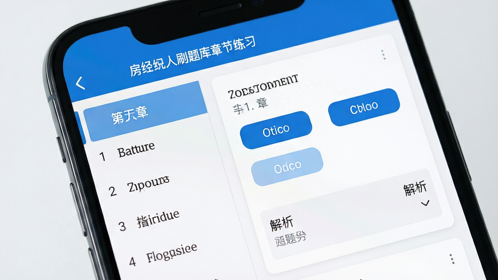 房地产经纪人刷题库章节练习界面特写,画面主体为手机屏幕中的章节列表与答题卡片,布局为左侧章节导航、右侧题目区,排版规整,风格为简洁教育软件界面,细节包含蓝色标题栏、题目序号、选项按钮与解析展开区域,画质清晰干净,浅色背景,无多余元素