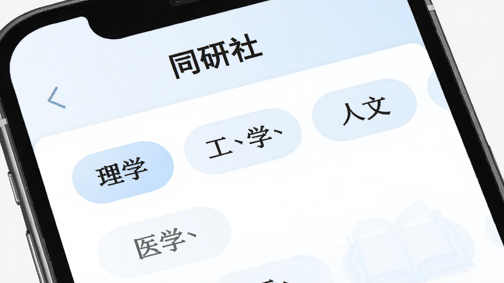 界面功能展示图,画面为手机屏幕特写,屏幕内显示“同研社”学科分类列表,包含理学、工学、医学、人文等标签,界面配色为白色与淡蓝色,布局整洁,风格现代简约,细节清晰,画质高清,干净无多余元素