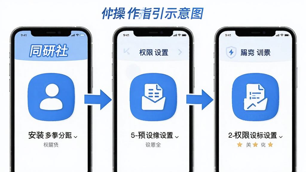 操作指引示意图,画面为手机屏幕分步展示“同研社”安装与权限设置流程,包含三个步骤图标与箭头引导,配色为蓝白相间,风格简洁直观,细节清晰,画质高清,干净无多余元素
