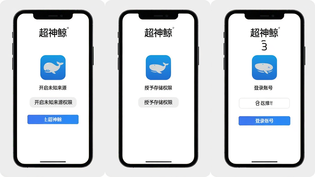 超神鲸移动端安装设置流程图,画面分为三个并列的手机屏幕,分别展示开启未知来源权限、授予存储权限、登录账号三个步骤,每个屏幕上方有“超神鲸”文字标识,背景为浅灰色简洁风格,图标清晰,排版规整,画质干净无杂乱