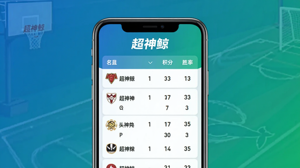 超神鲸数据排行界面示意图,画面中央是手机屏幕展示排行榜列表,顶部有“超神鲸”标识,列表中包含球队名称、积分、胜率等数据列,背景为渐变蓝绿色运动风格,排版整齐,文字清晰,整体干净简洁,无多余装饰
