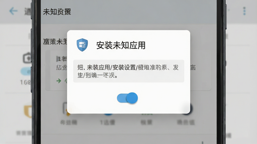 主体为手机屏幕弹出权限设置与安装确认界面,布局为居中弹窗、背景为浅灰设置页,排版为上方“安装未知应用”标题与下方开关按钮,风格为安卓系统设置界面写实插画,细节包含盾牌安全图标与提示文字框,画质高清、干净、无多余元素