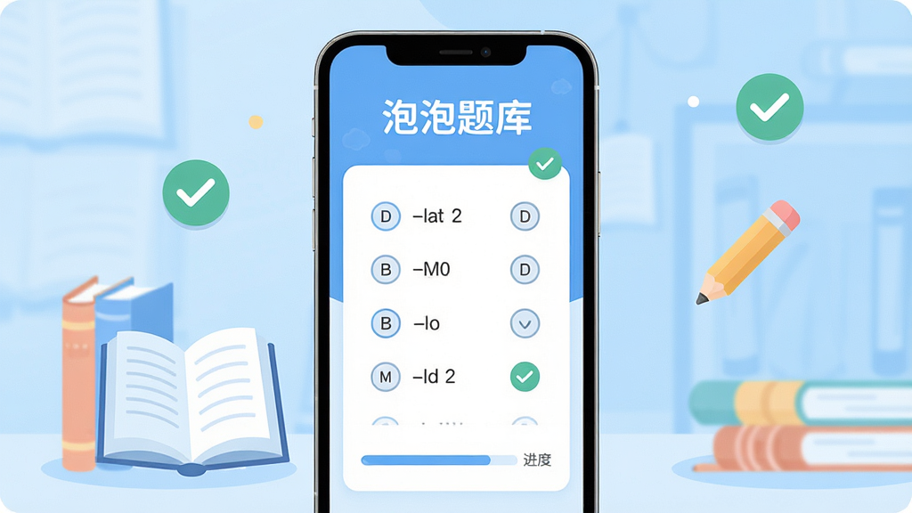 主体是一部智能手机屏幕内展示泡泡题库答题界面,布局为手机居中竖放、背景为浅蓝渐变学习场景,排版为上方软件名称“泡泡题库”字样、下方展示选择题与进度条,风格为清爽扁平化UI插画,细节包含书本、铅笔、对勾图标点缀,画质高清、干净、无多余元素