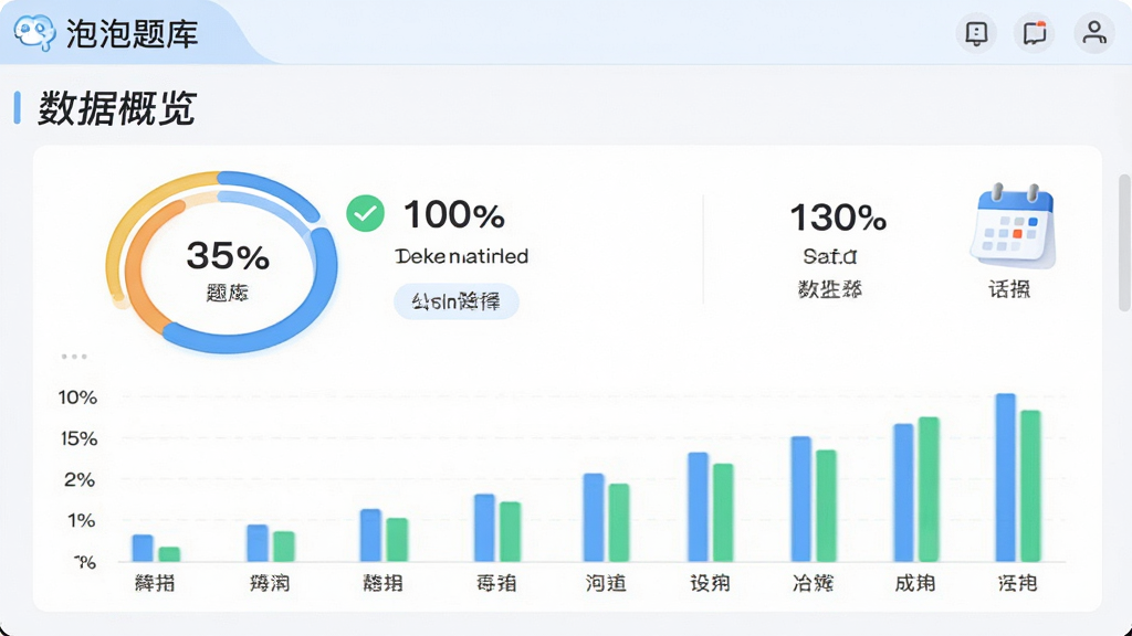 主体为泡泡题库学习数据统计页,布局为上方环形进度图、下方柱状趋势图,排版为顶部软件名称“泡泡题库”与数据概览标题,风格为清新数据可视化界面,细节包含百分比数字、绿色对勾与日历图标,画质高清、干净、无多余元素