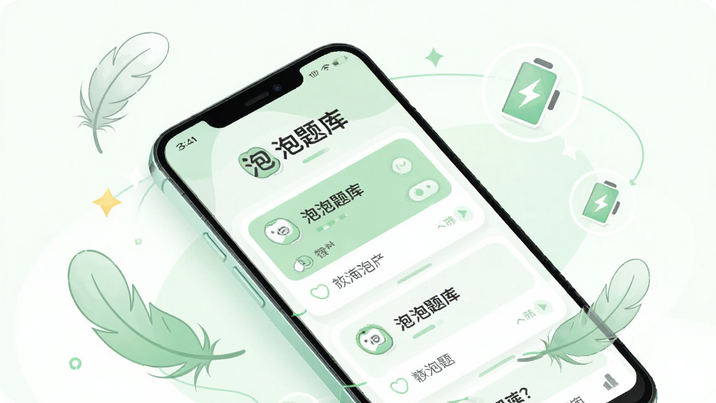 主体为一部中端安卓手机展示泡泡题库首页,布局为手机正面平放、周围有轻量羽毛与电量图标环绕,排版为屏幕内“泡泡题库”标题与题目卡片,风格为轻盈简洁的产品展示插画,细节包含流畅线条与淡绿配色,画质高清、干净、无多余元素