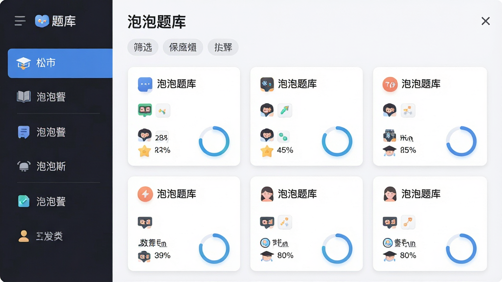 主体为泡泡题库分类选择界面,布局为左侧竖向分类栏、右侧题目卡片网格,排版为顶部标题“泡泡题库”与筛选标签,风格为现代简约卡片式设计,细节包含多个学科图标与进度环,画质高清、干净、无多余元素