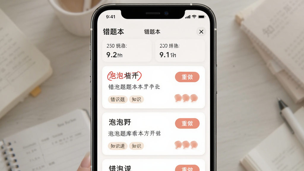 主体为泡泡题库错题本页面,布局为手机屏幕居中、错题卡片纵向排列,排版为顶部“错题本”标题与统计数字,风格为柔和浅色学习类App界面,细节包含红色标记、重做按钮与知识标签,画质高清、干净、无多余元素