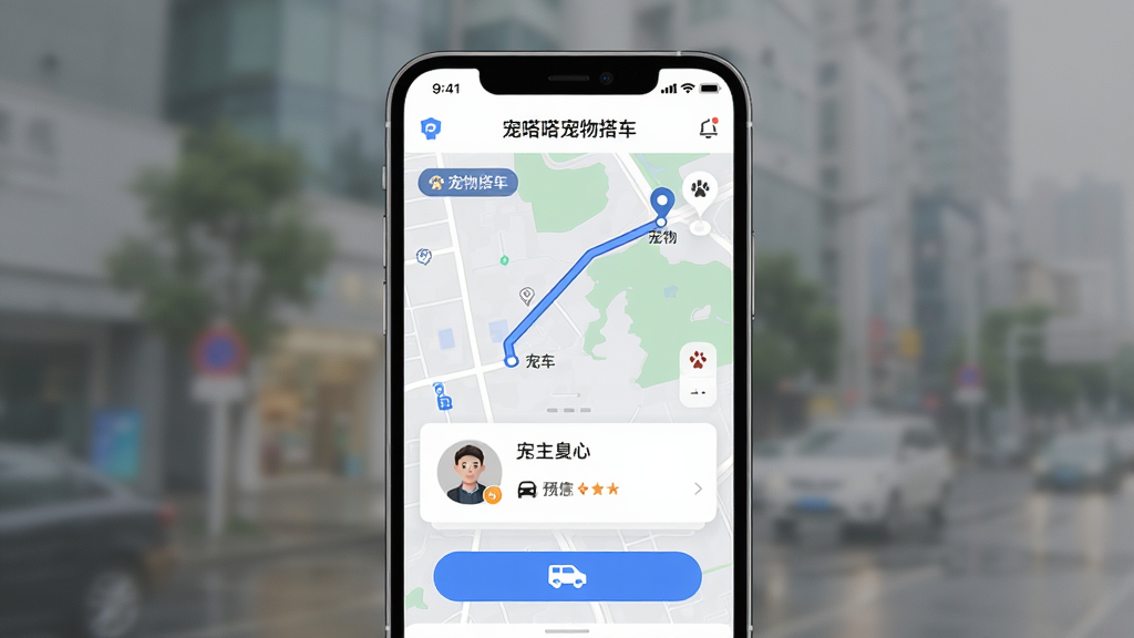 画面主体为一部智能手机屏幕显示宠嗒嗒宠物搭车App的宠物专车预约界面,布局为手机居中、背景虚化处理,排版上手机屏幕内可见地图路线、车主头像和宠物信息卡片,风格为科技感UI展示风格,细节包括界面上的「宠嗒嗒宠物搭车」文字标识、预约按钮、车辆图标,画质高清、界面干净、无多余元素
