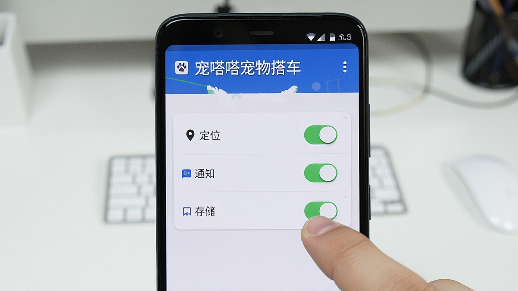 画面主体是一部安卓手机屏幕显示宠嗒嗒宠物搭车App的权限设置引导页面,布局为手机特写居中、背景为简洁桌面环境,排版上屏幕内清晰呈现定位、通知、存储三项权限开关,风格为数码产品评测风格,细节包括手指点击权限开关的动作、界面上的「宠嗒嗒宠物搭车」标题栏,画质锐利清晰、构图干净、无多余元素