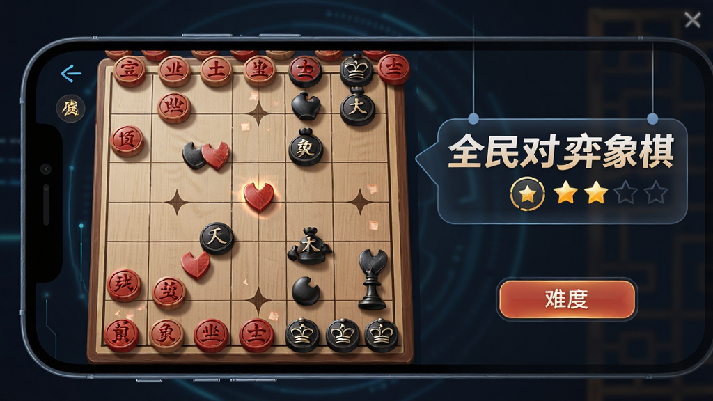 画面主体为手机屏幕展示中国象棋残局挑战界面,棋盘上红黑棋子形成精妙杀局,屏幕旁悬浮着