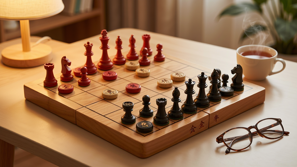 画面主体为一副木质纹理的中国象棋棋盘摆在温暖的书桌上,红黑双方棋子整齐排列,棋盘旁放着一杯热茶和一副老花镜,背景是柔和的室内灯光与绿植,布局为俯视微侧角度,风格写实温馨,细节表现棋子上的