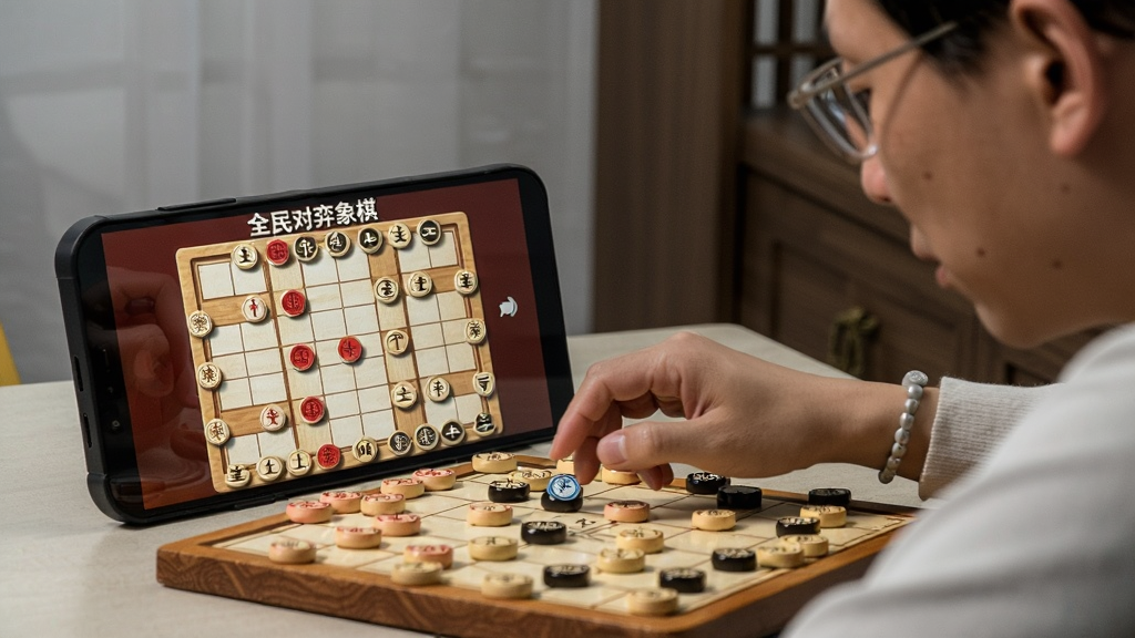 画面主体为两位棋友围坐在手机屏幕前对弈中国象棋,一人执红一人执黑,手指正点击棋子,屏幕中显示