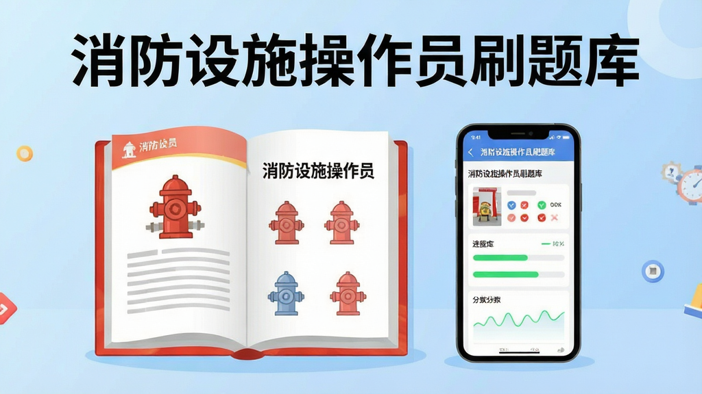 画面主体为一本摊开的消防设施操作员考试教材与一部智能手机并排摆放,手机屏幕上显示\
