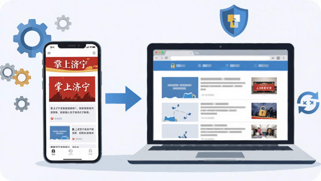 画面主体为一部手机与一台笔记本电脑并排摆放,手机屏幕显示“掌上济宁”新闻阅读界面,电脑屏幕显示浏览器资讯页面,两者之间以箭头连接表示多端协同,周围点缀齿轮、盾牌、刷新箭头等图标象征设置与安全,布局简洁明了,风格为扁平化科技插画,细节干净,画质高清,背景为浅灰白色。