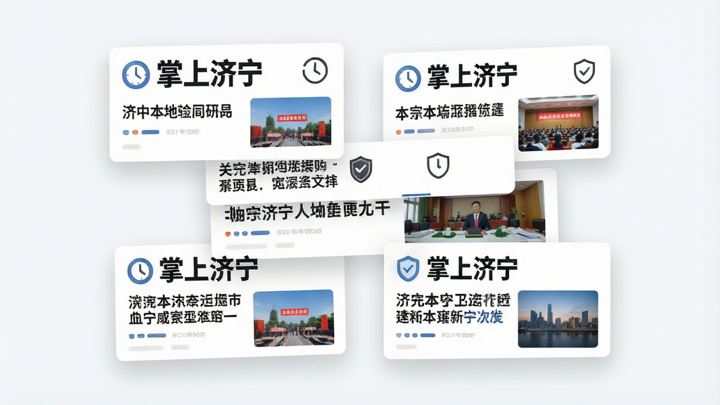 画面主体为一组悬浮的新闻卡片,卡片上以醒目字体呈现“掌上济宁”字样,卡片内容为济宁本地新闻标题与配图,布局为三行两列错落排列,风格为扁平化信息图表风,细节包含时钟图标代表实时更新、盾牌图标代表权威可信,画质高清,背景干净简洁,无多余装饰元素。