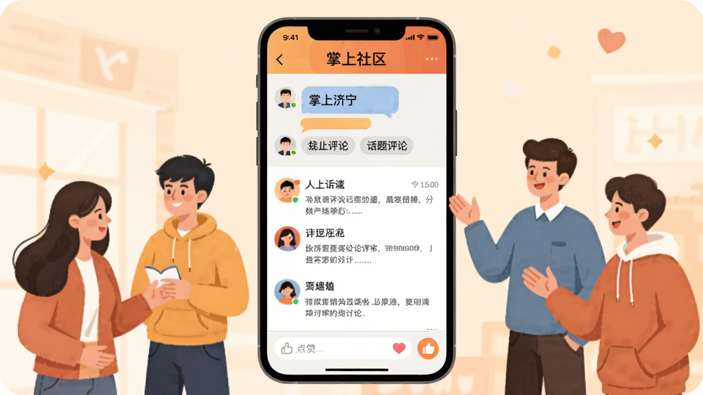 画面主体为手机屏幕内呈现“掌上济宁”互动社区界面,屏幕上方显示评论气泡与话题标签,中部为用户头像列表与讨论内容,下方为输入框与点赞图标,手机两侧以插画形式表现市民形象围绕手机交流互动,布局均衡,风格温暖亲切的扁平插画风,细节丰富,画质清晰干净,背景为柔和浅色。