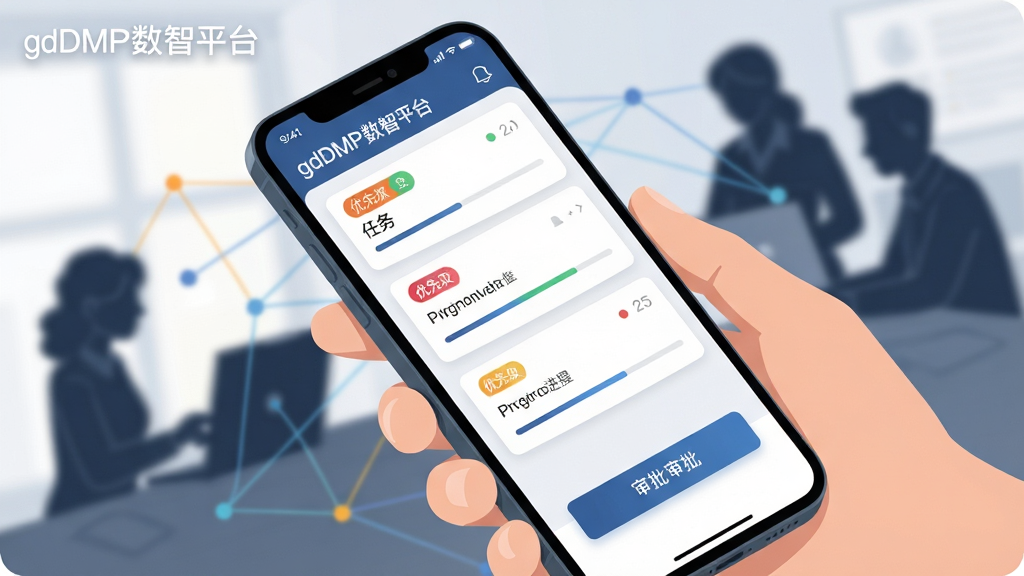 一张展示gdDMP数智平台移动端协同场景的插图,画面主体为一只手握持智能手机,屏幕内显示任务卡片列表与审批按钮,卡片带有优先级色标与进度条,手机后方以虚化方式呈现团队协作剪影与连接线条,布局为斜向构图突出手机屏幕,风格为现代扁平商务风,细节包含清晰的界面元素、柔和背景虚化与自然光影,画质干净,屏幕角落标注