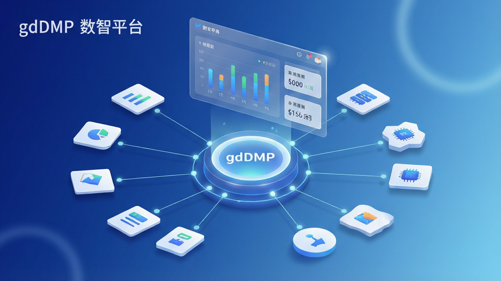 一张表现gdDMP数智平台数据汇聚能力的示意图,画面中心为发光的圆形数据枢纽,四周多条细线连接不同形状的数据卡片与图标,代表多来源信息汇入,枢纽上方悬浮半透明数据看板,看板内以柱状图与数字卡片展示汇总结果,背景为深蓝到浅蓝的渐变,布局采用中心辐射式构图,风格为简约科技商务风,细节包含光晕、细线连接点与柔和阴影,画质干净清晰,画面中文字为