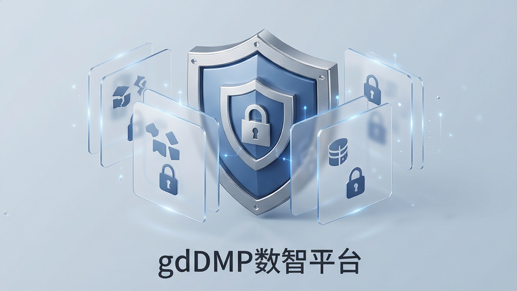 一张表现gdDMP数智平台权限与安全机制的示意图,画面中心为盾牌形状的安全标识,盾牌前方悬浮多层半透明权限卡片,每张卡片标注不同角色图标与锁形符号,背景为浅灰蓝色调,布局采用纵向层叠构图,风格为简洁安全科技风,细节包含细腻的金属质感边缘、柔和光效与清晰图标,画质干净无杂乱元素,画面下方文字为